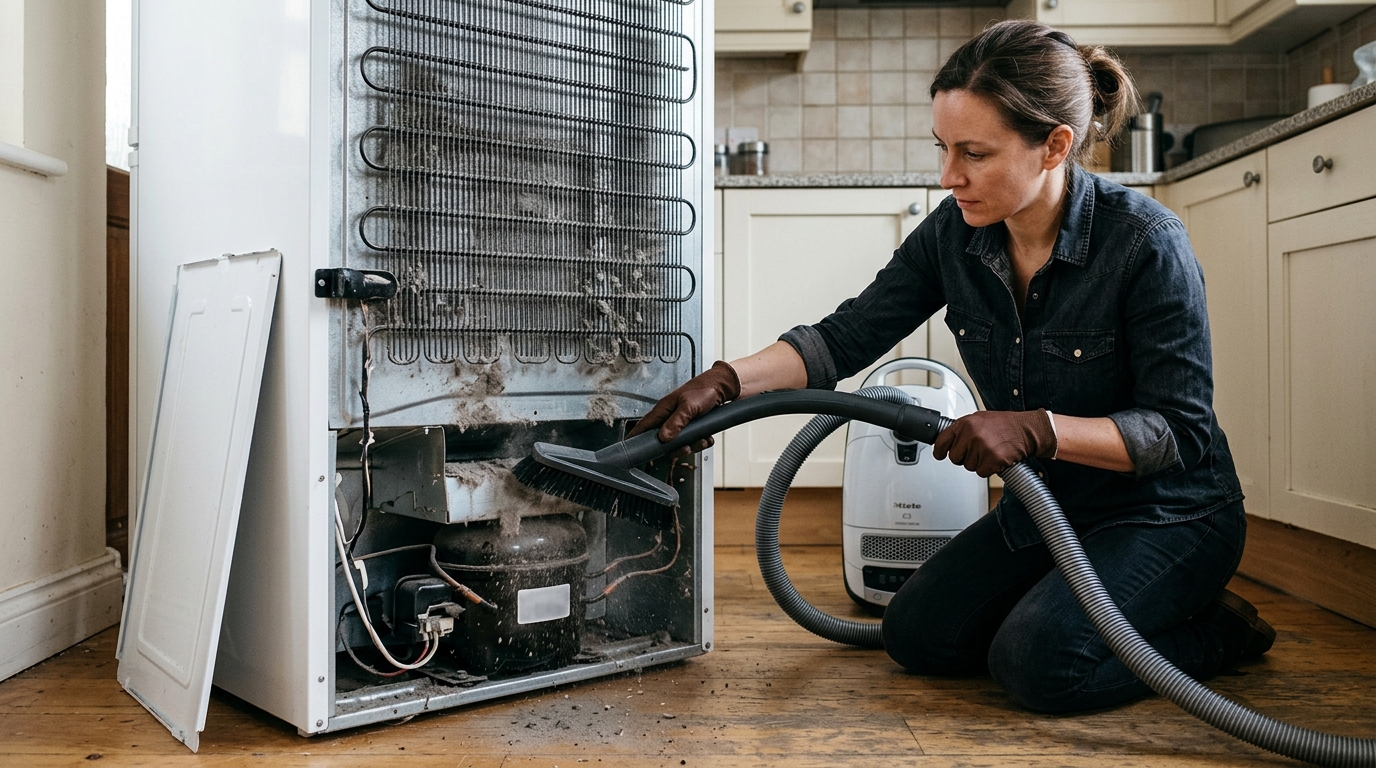 A coil brush loosens lint and dust from refrigerator condenser fins.