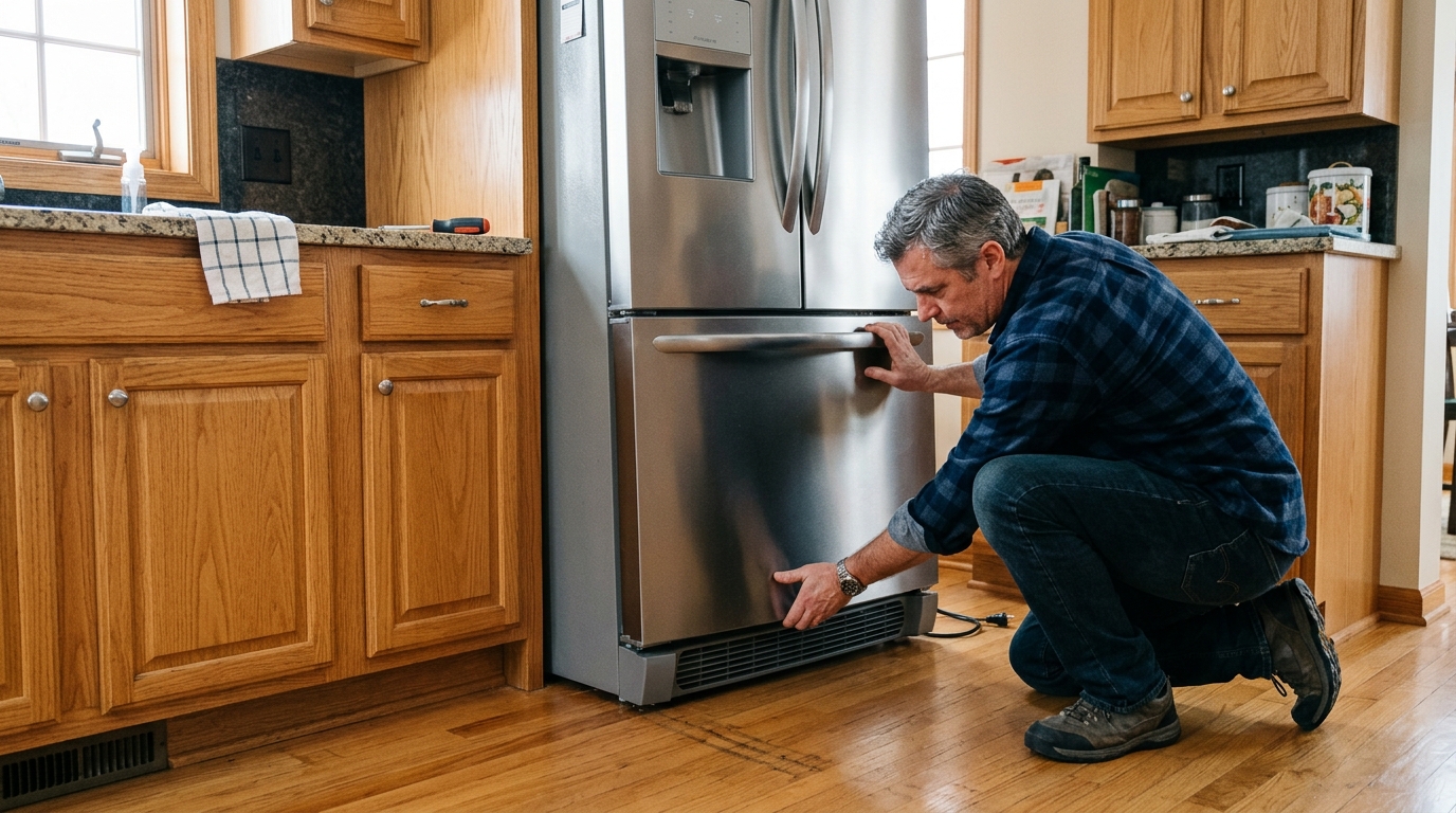 A vacuum clears loosened dust from the condenser coil compartment.