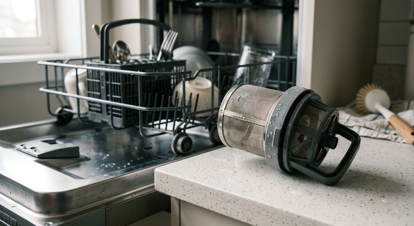 Dishwasher filter removed from the bottom of the tub and set beside the lower rack