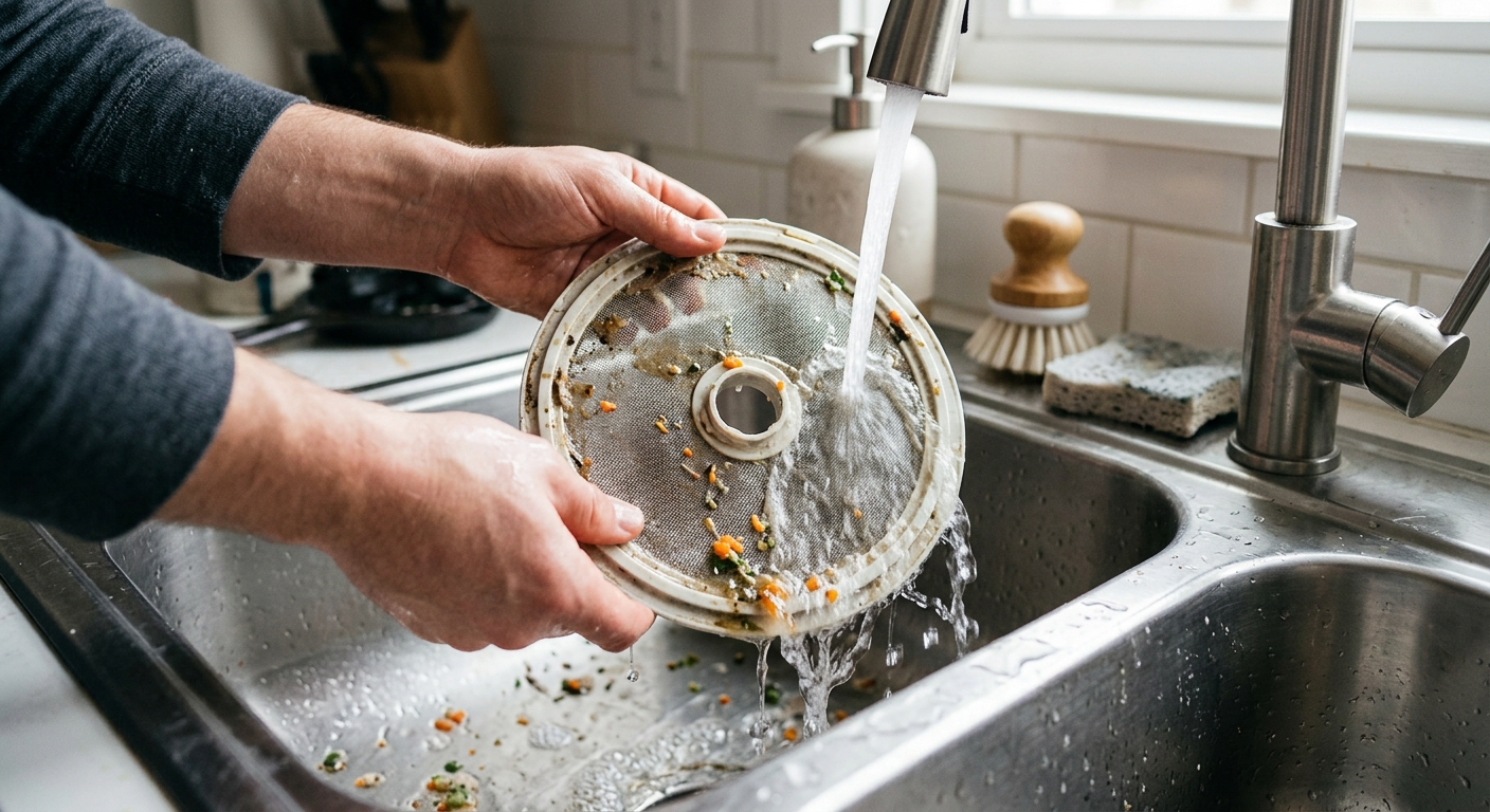 Filter rinsed under warm running water in a kitchen sink