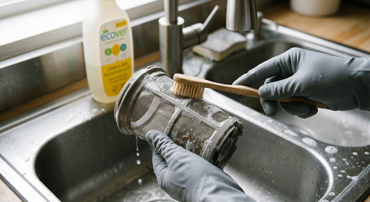 Soft toothbrush cleaning a dishwasher filter over the sink