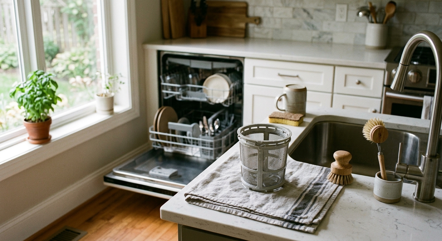 Clean dishwasher filter drying on a towel beside a sink