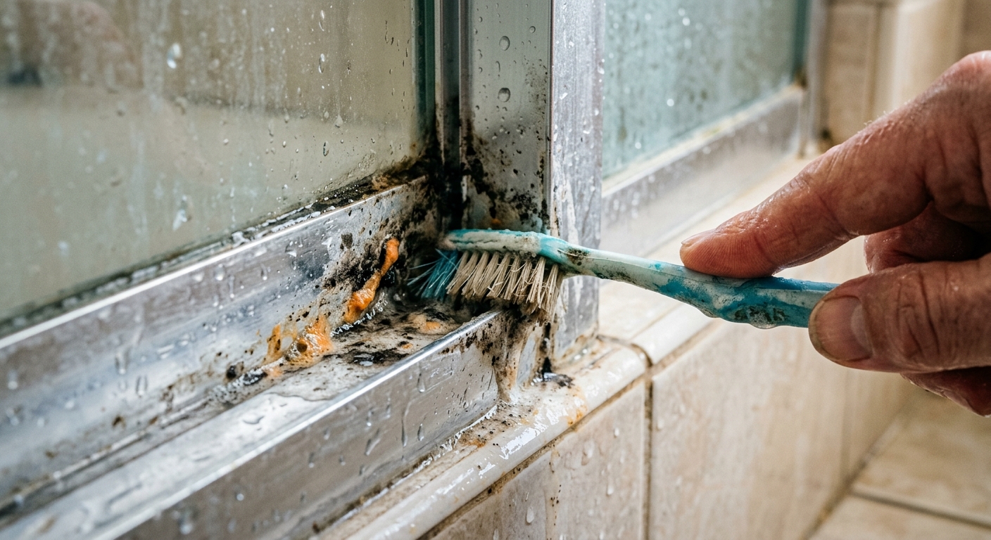 An old toothbrush scrubs soap scum from a shower door track.