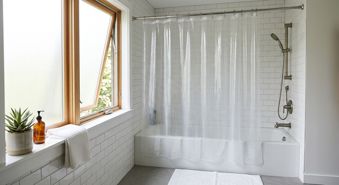 The shower liner hangs open to air-dry after cleaning.