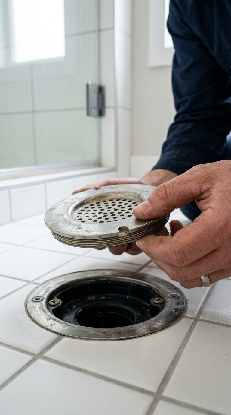 A shower drain cover is inspected closely with the shower floor dried and a towel nearby.