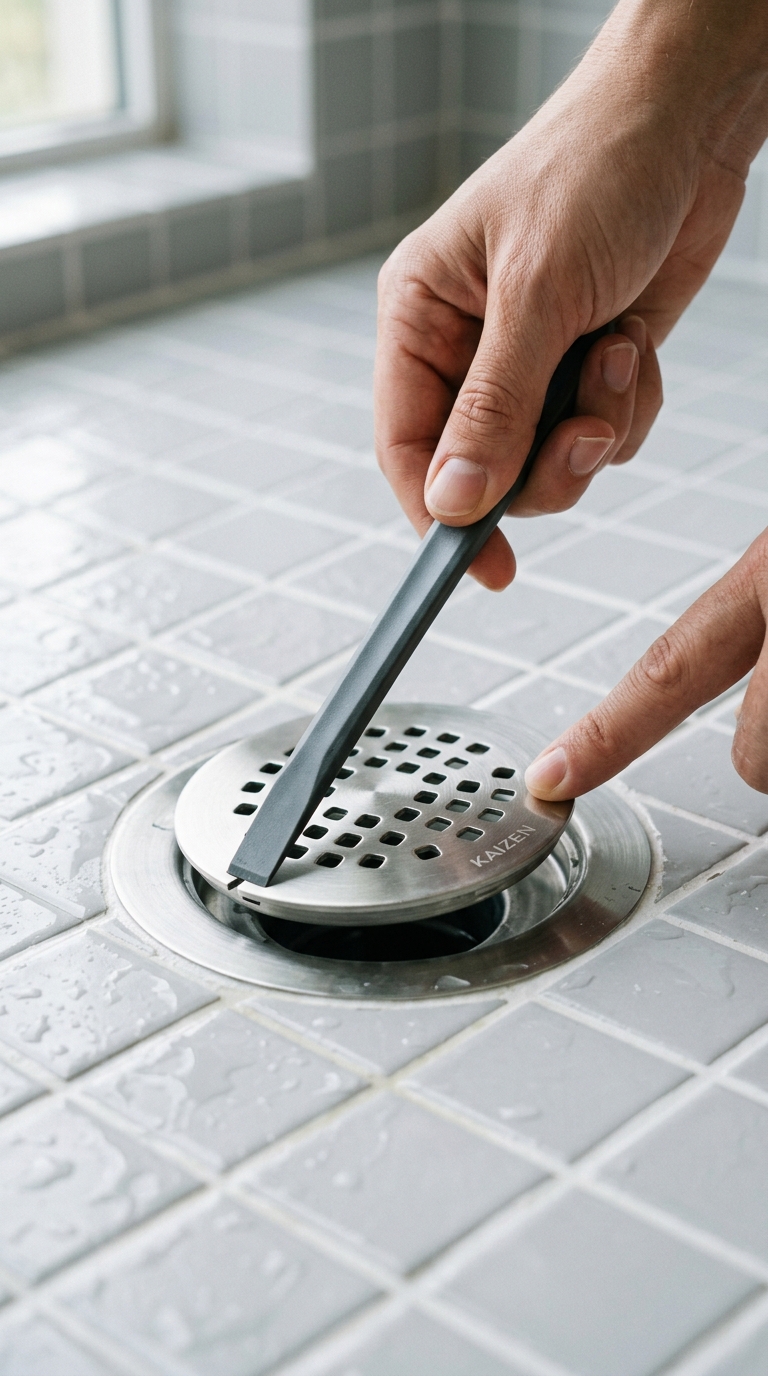 A flat tool gently lifts a screwless shower drain cover from a small notch at the rim.