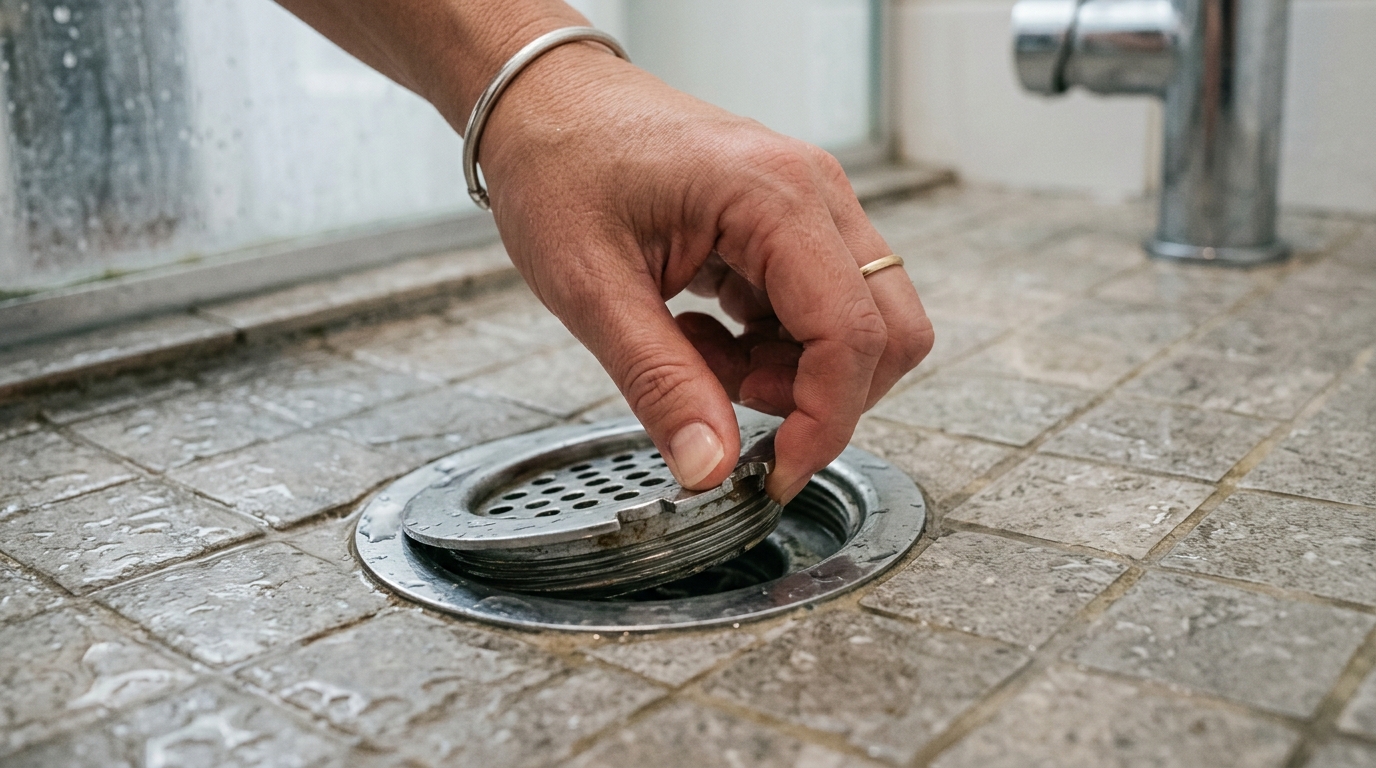 A threaded shower drain cover is turned counterclockwise by hand at the notched edge.