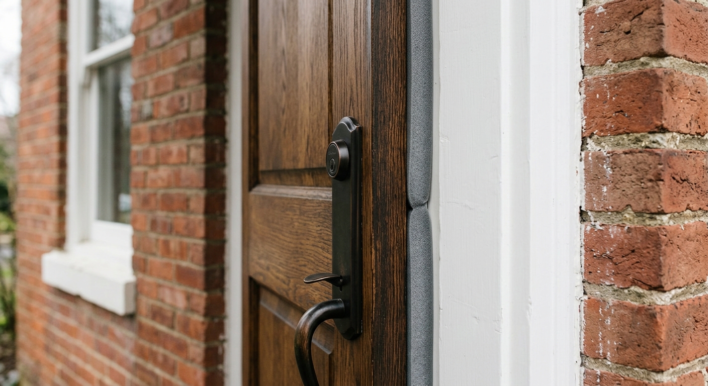 Close-up of a door closing against fresh weatherstripping on the jamb