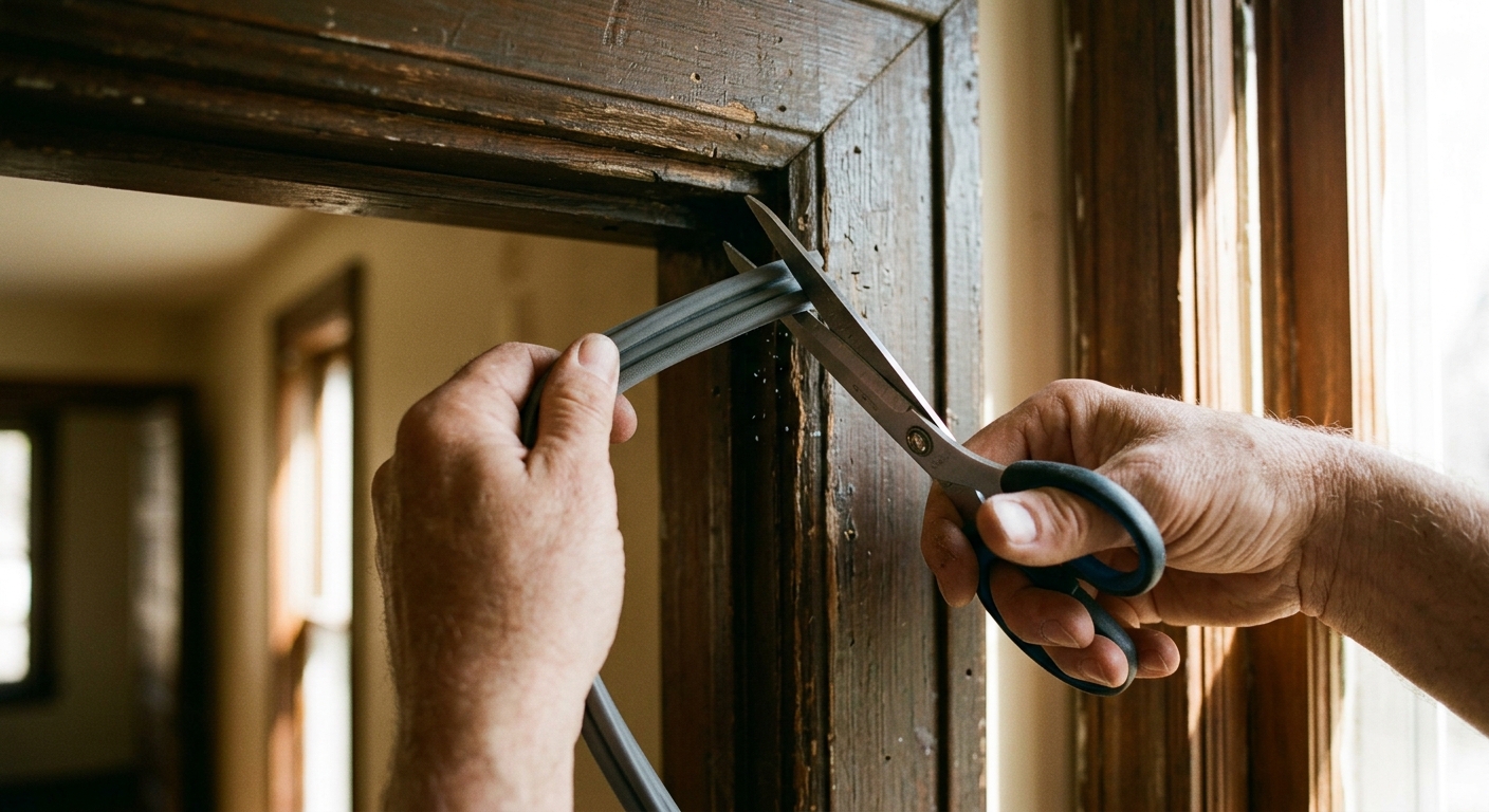 Technician trimming weatherstripping to final length with scissors at the door frame