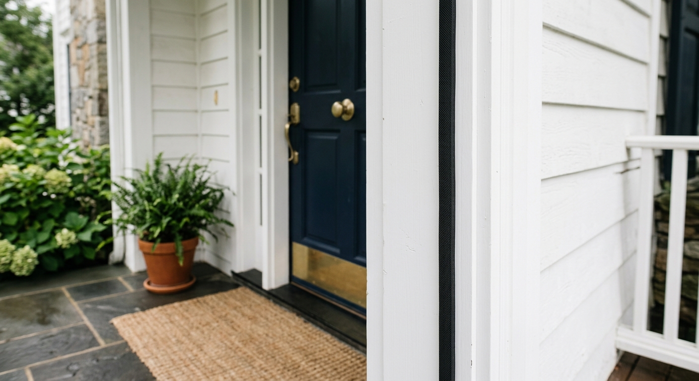 Finished exterior door with a clean, even weatherstripping seal around the frame