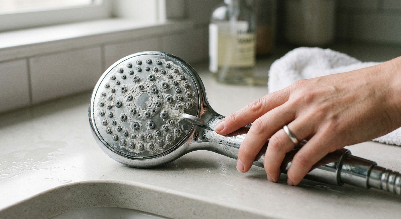 A shower head removed from the arm and inspected for finish type and mineral buildup.