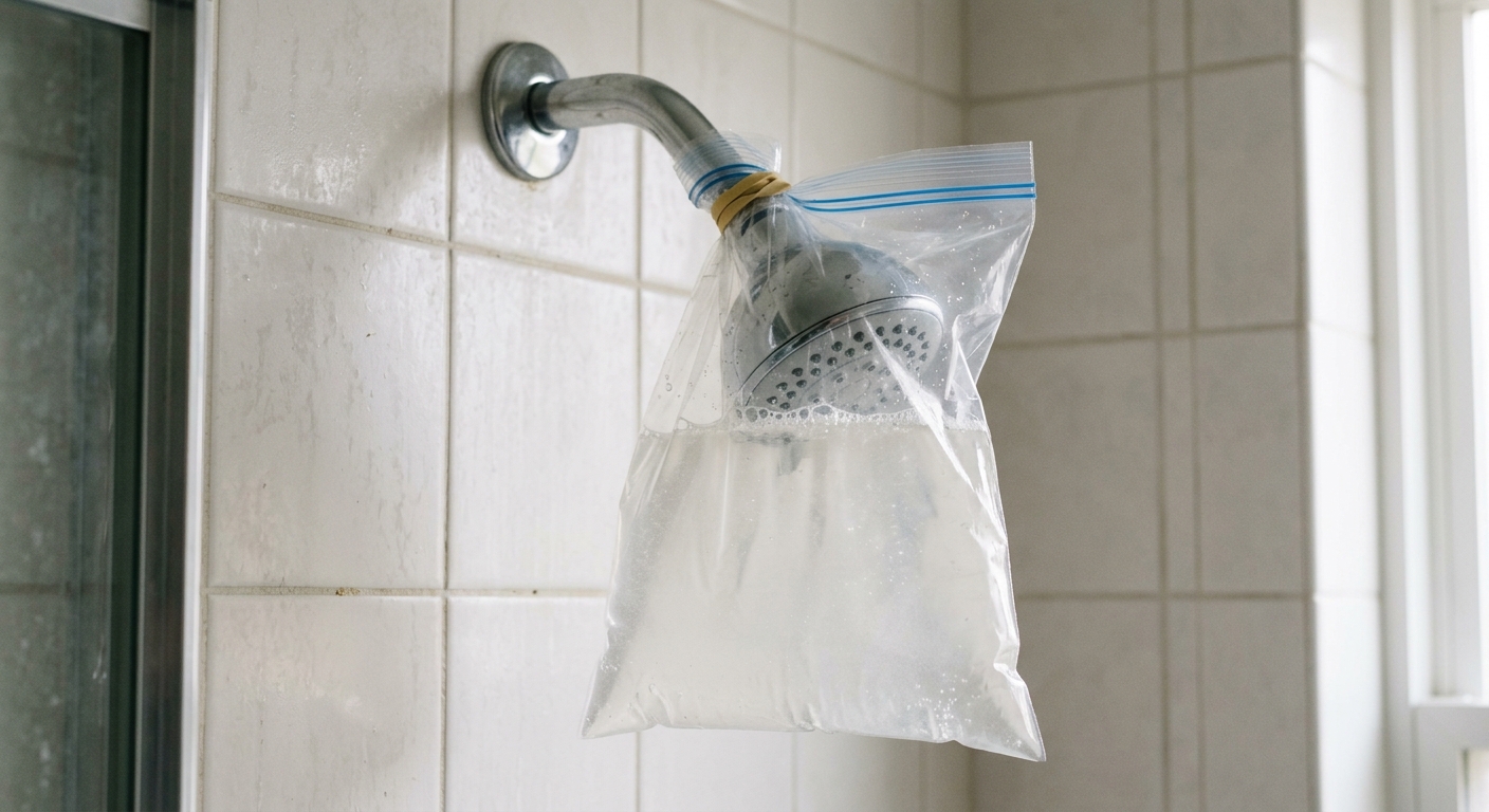 A shower head soaking in a vinegar-and-water bag to dissolve mineral deposits.