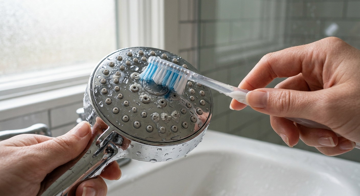 A brush cleaning softened mineral buildup from shower-head spray holes at the sink.