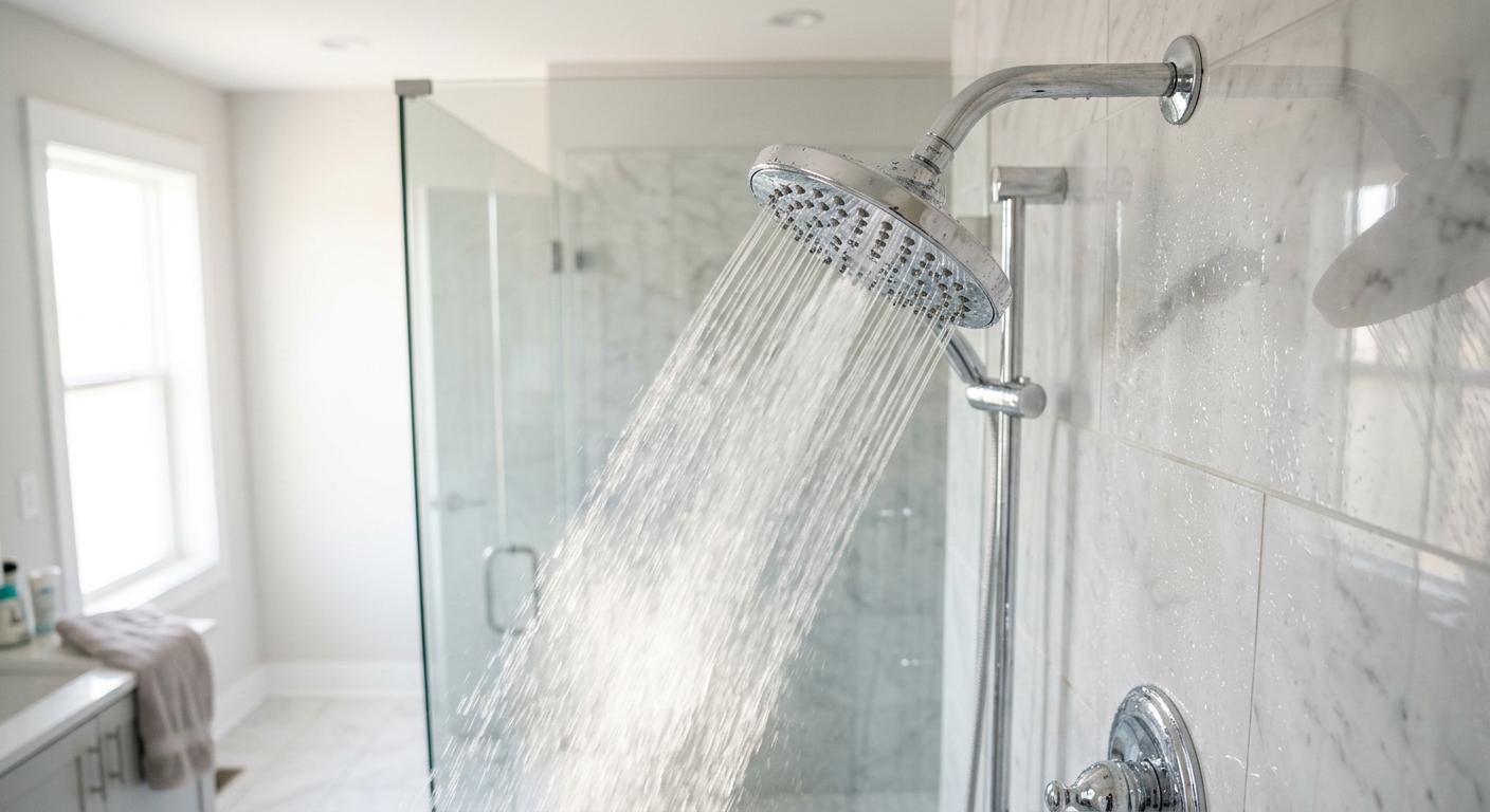A cleaned shower head spraying evenly after reinstalling and flushing.