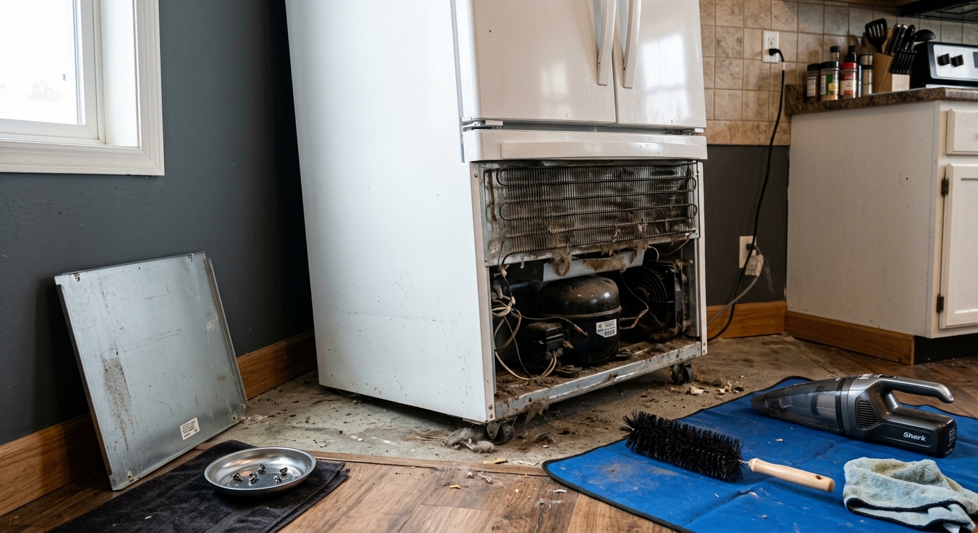 A refrigerator pulled slightly forward so the lower coil area can be reached safely.