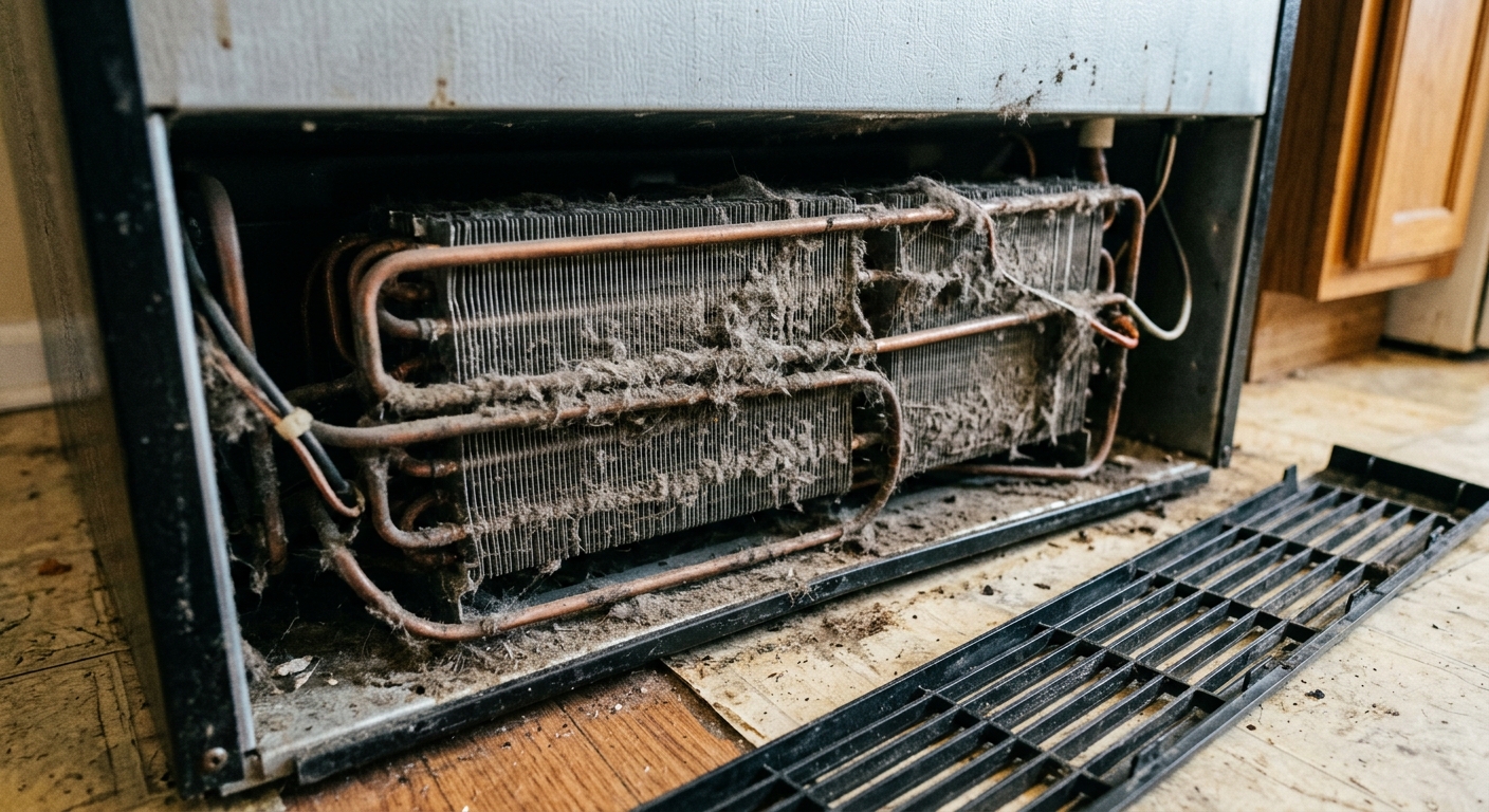 Close-up of exposed refrigerator coils behind the toe-kick grille with dust visible on the fins.
