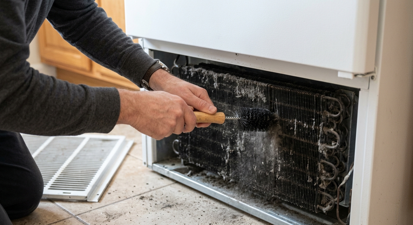 A technician-style close-up of dust being brushed off refrigerator condenser coils with a small coil brush.