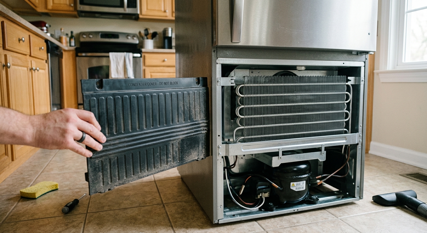 The cleaned refrigerator coil area with the access panel ready to be reinstalled.