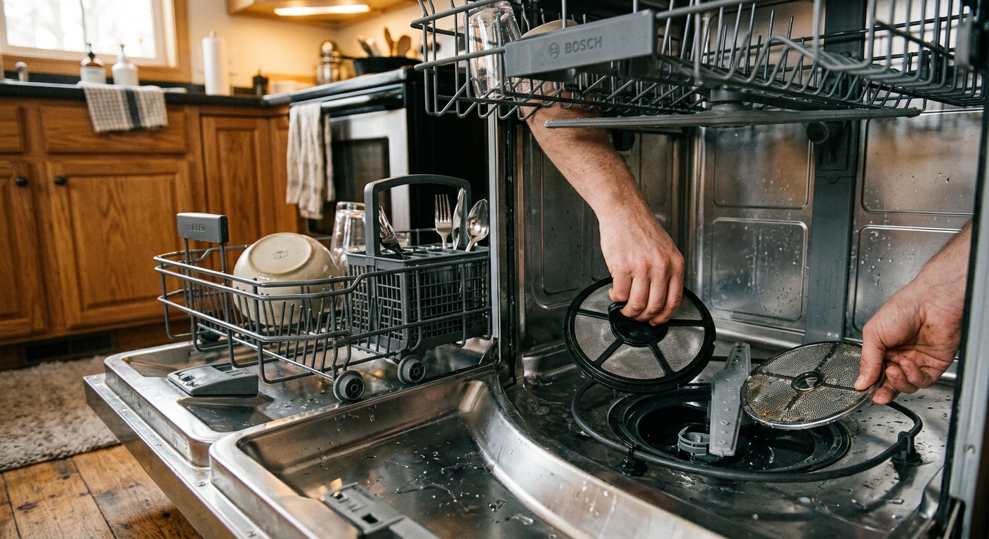 Lower rack removed to expose the dishwasher filter