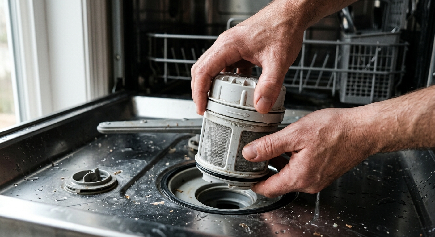 Twisting the filter assembly counterclockwise to remove it