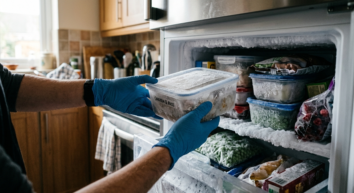 Gloved hands remove food containers from a frosty freezer before thawing.