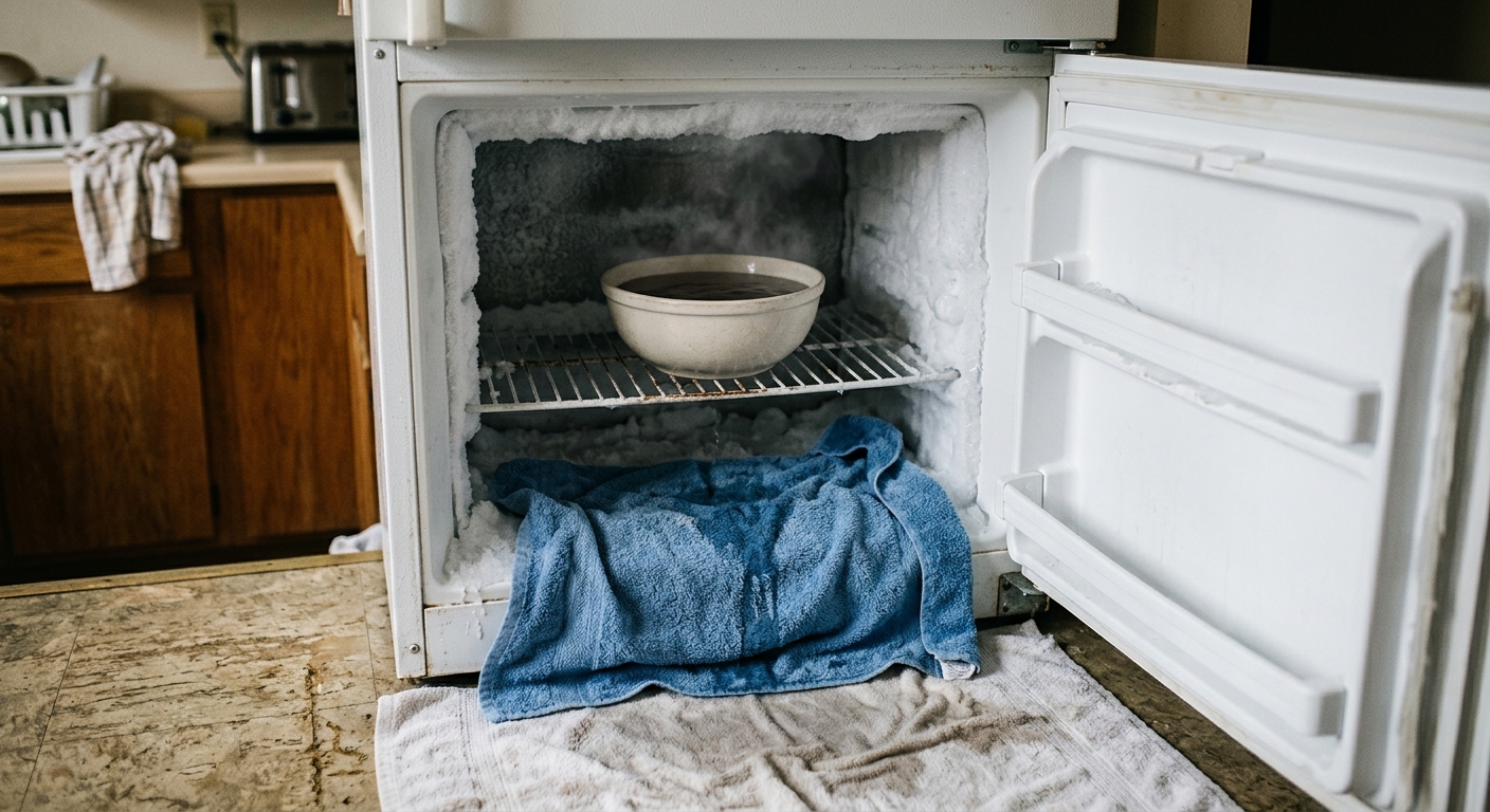 A bowl of hot water sits in the freezer to help loosen frost during thawing.