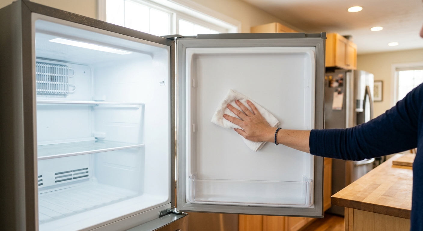 The freezer interior is wiped dry before it is plugged back in.