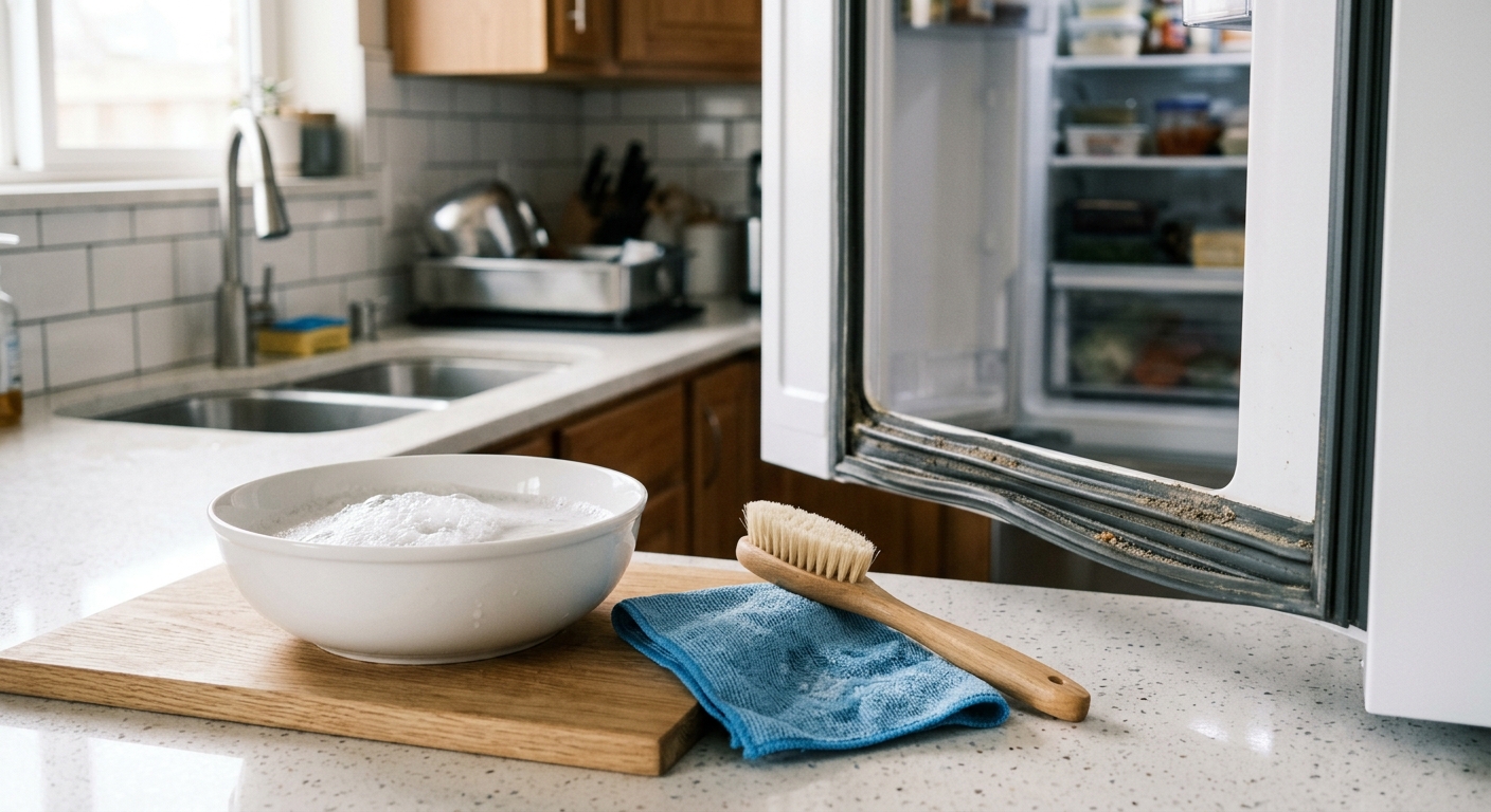 A bowl of warm soapy water with a microfiber cloth and soft brush beside a refrigerator