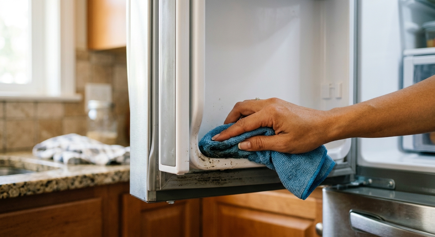 A hand wiping the inner fold of a refrigerator door gasket with a soft cloth