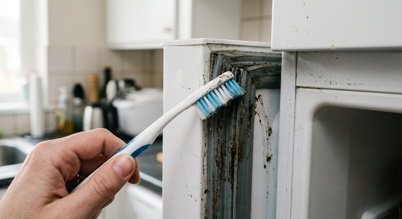 A soft toothbrush cleaning grime from the fold of a refrigerator gasket