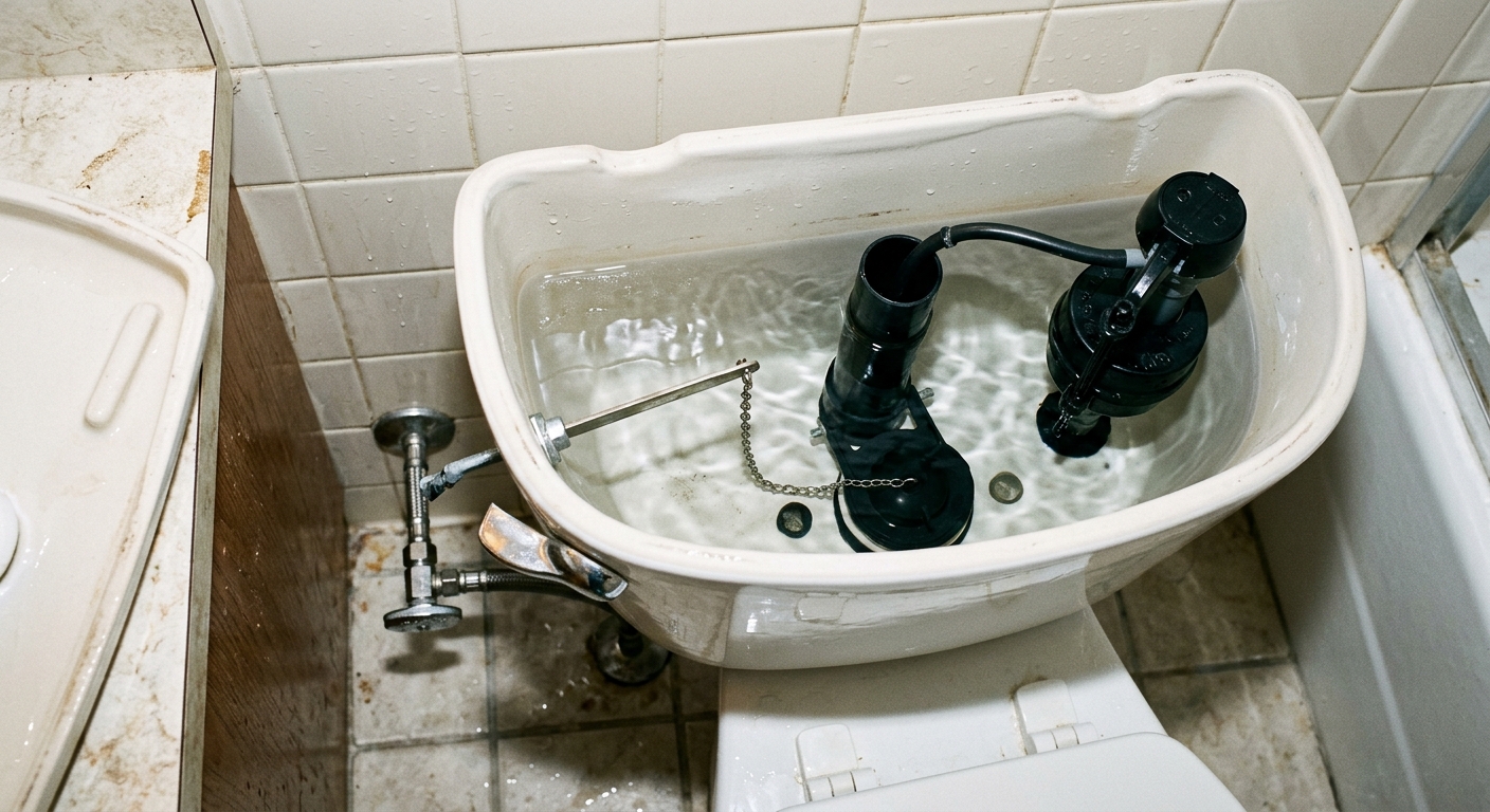 A toilet tank with the lid removed, showing the shutoff valve and internal parts.