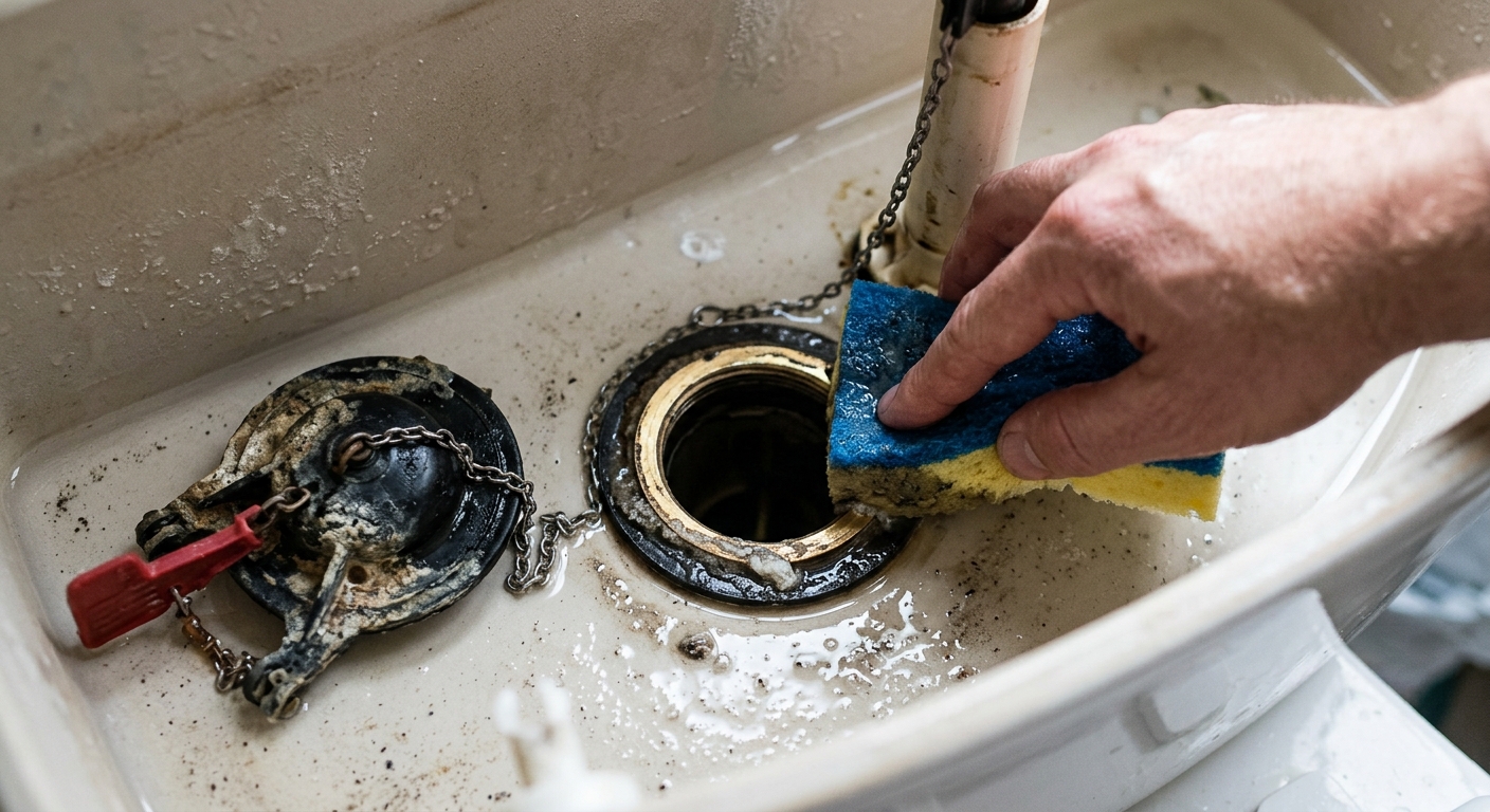 Close-up of a removed toilet flapper next to the flush valve seat being cleaned.