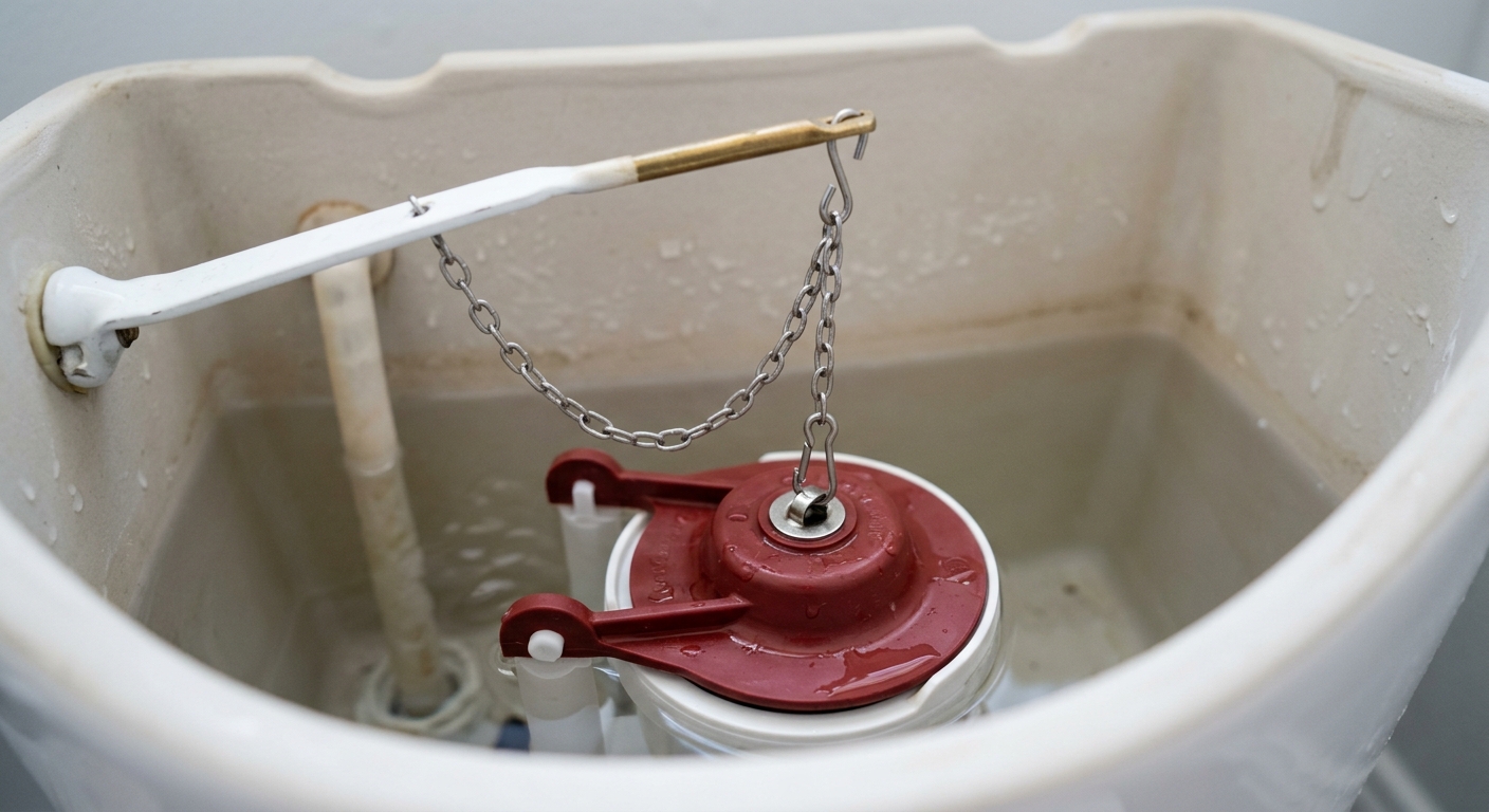 New toilet flapper installed with the chain attached and slightly loose.