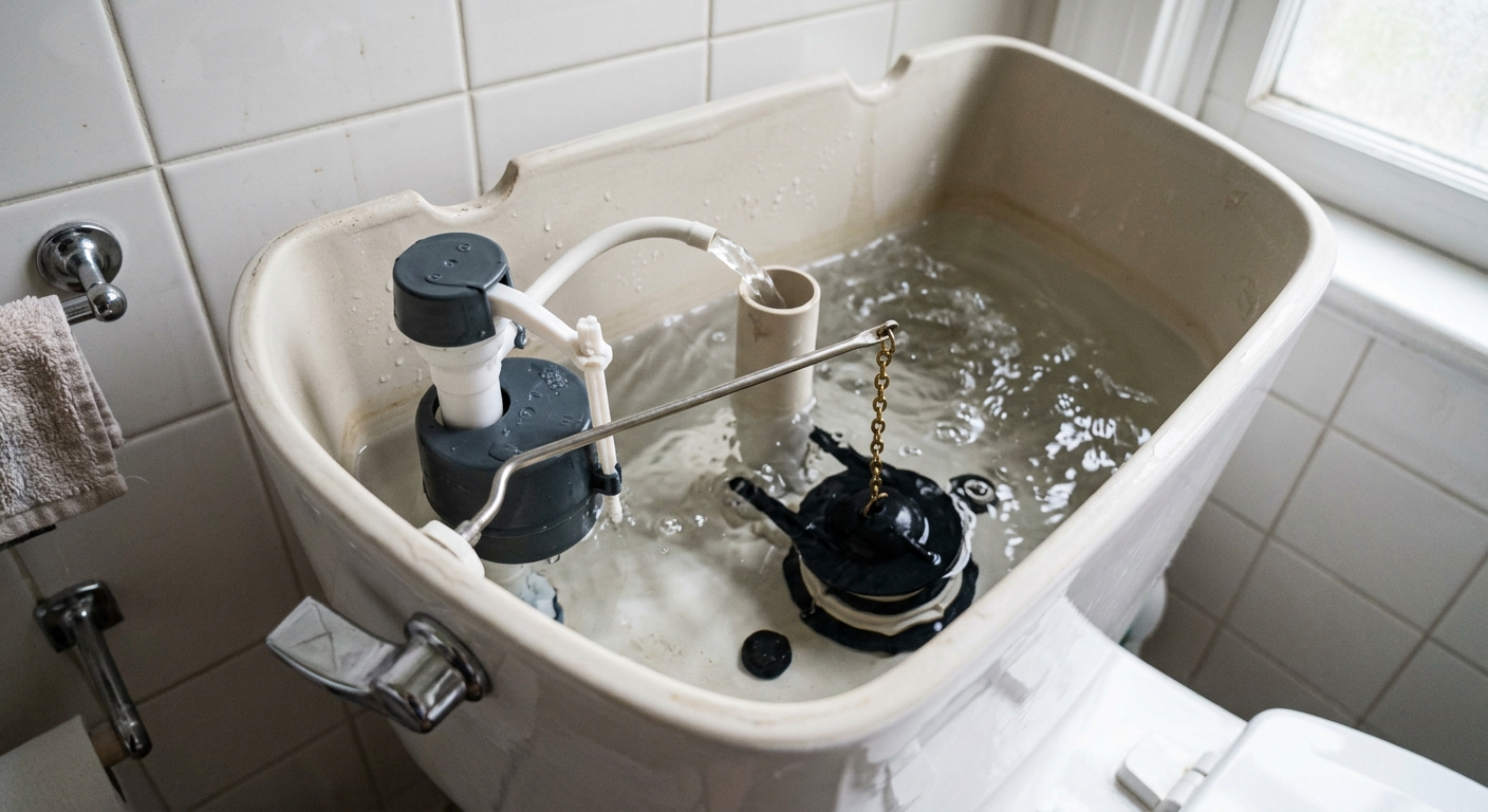 A toilet tank during a test flush with the new flapper opening and closing correctly.