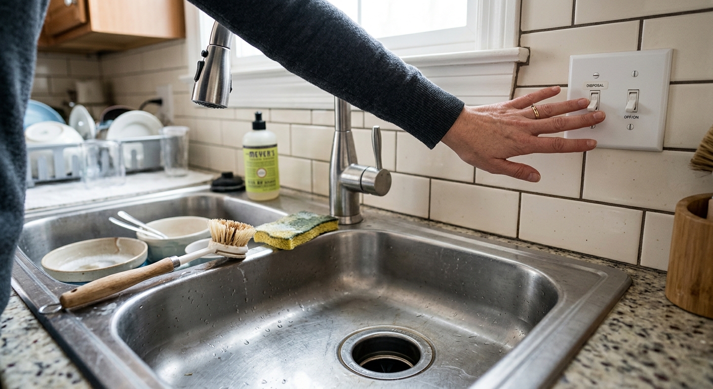 A homeowner turns off power at the sink before cleaning the garbage disposal.