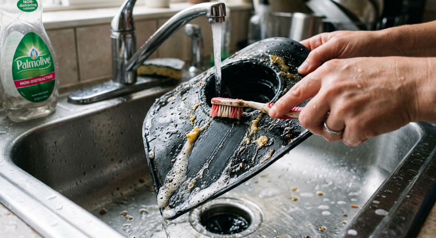 The rubber splash guard is lifted and scrubbed with a small brush.