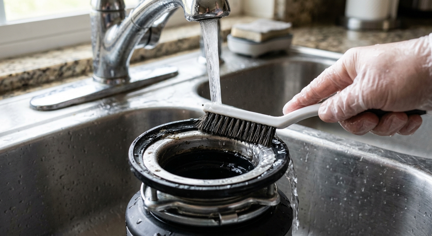 A brush cleans the upper rim of the disposal while cold water runs nearby.