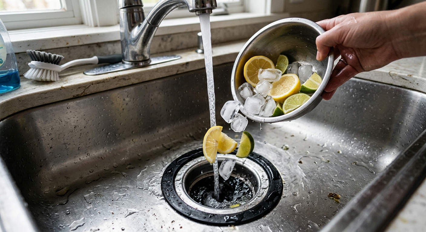 Ice cubes and citrus wedges are dropped into the disposal for a final deodorizing flush.