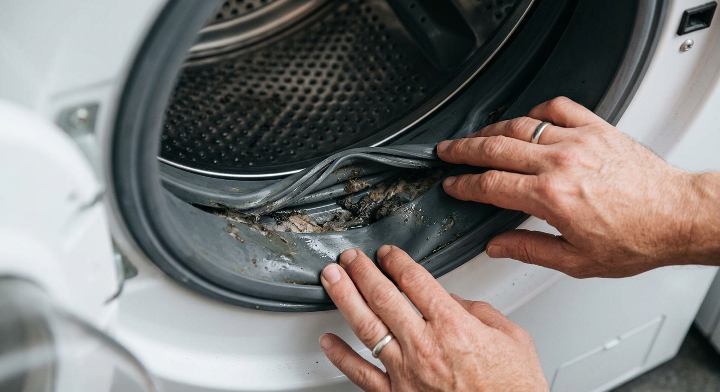 A homeowner pulls back the washer gasket folds to inspect hidden grime.