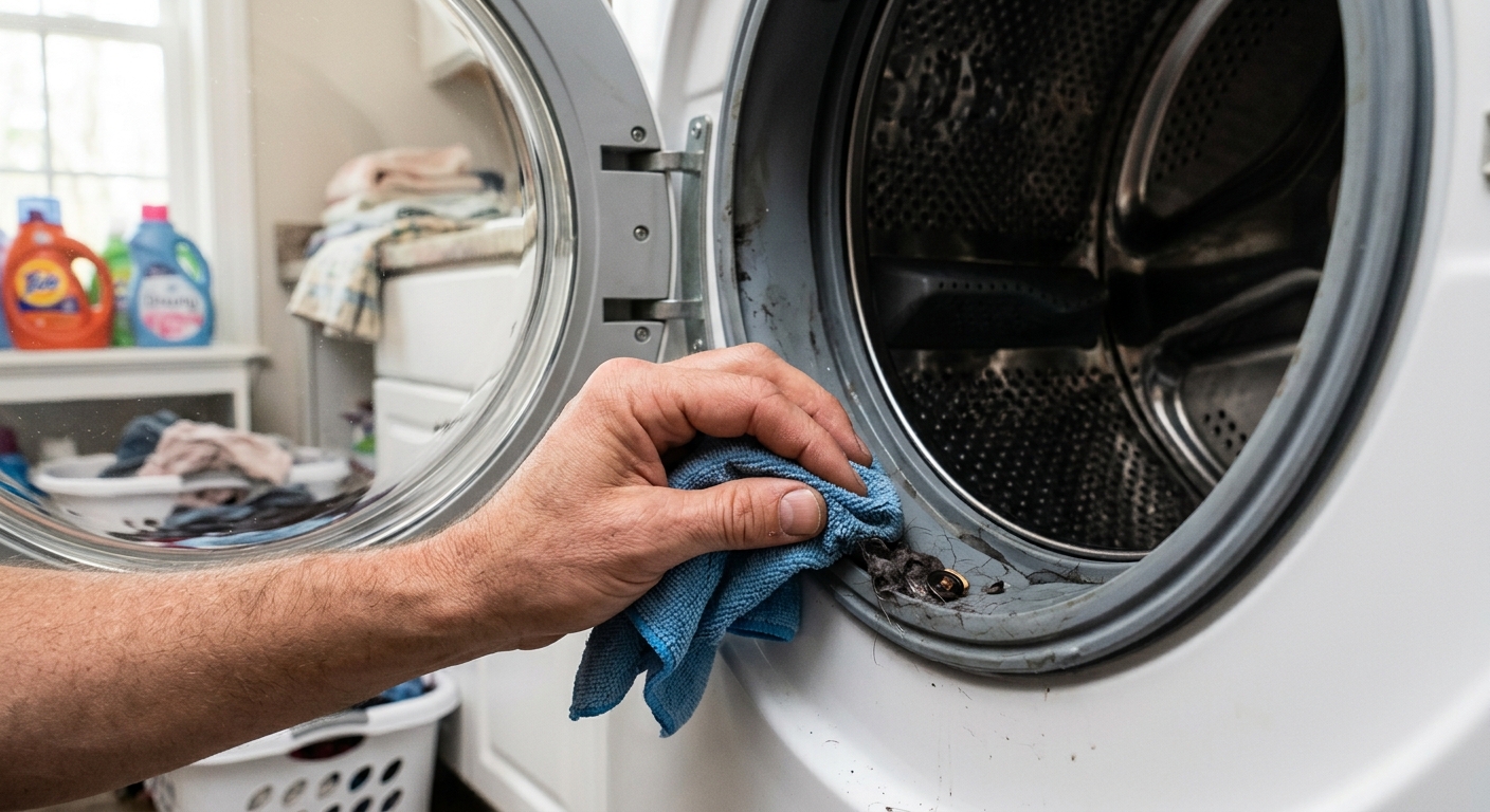 Debris is removed from the lower gasket groove before cleaning begins.