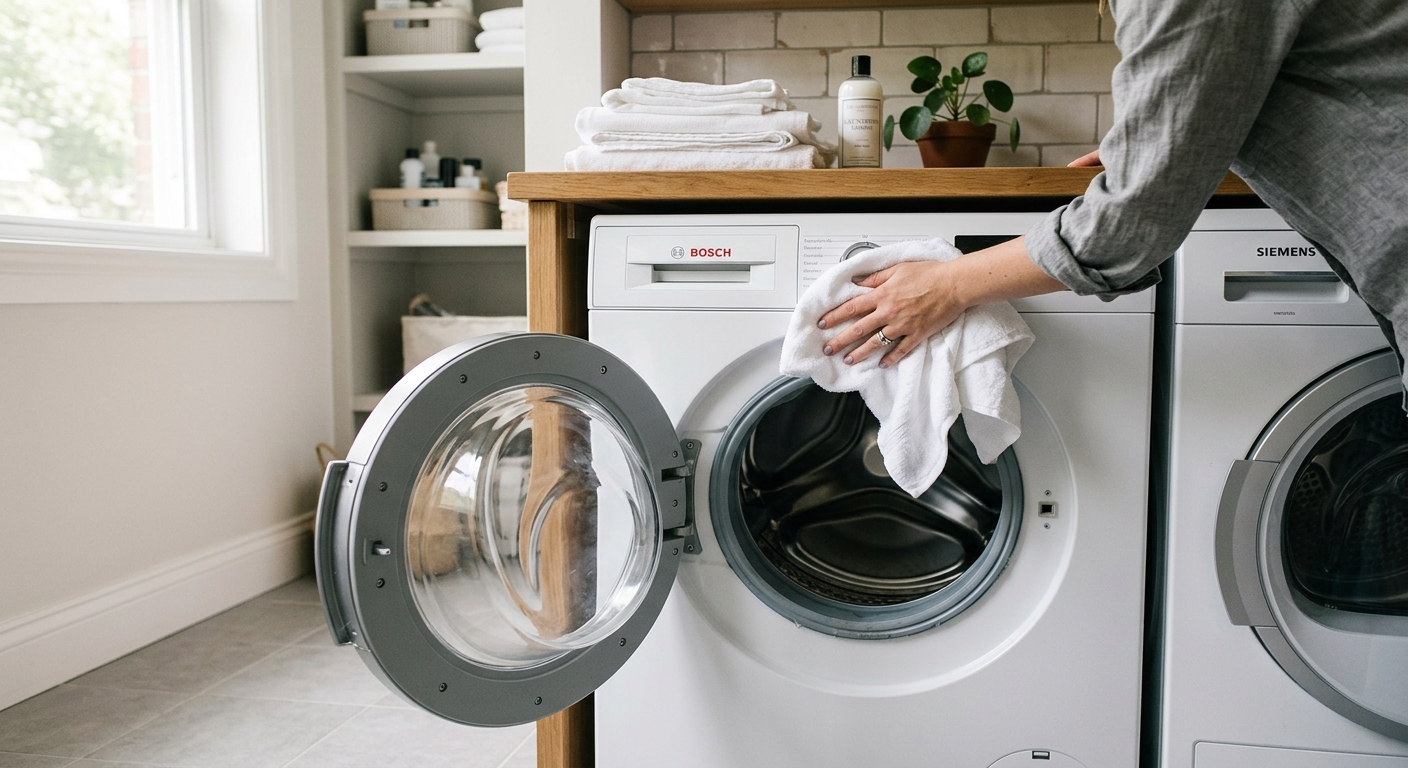 The gasket is dried thoroughly and the washer door is left open.