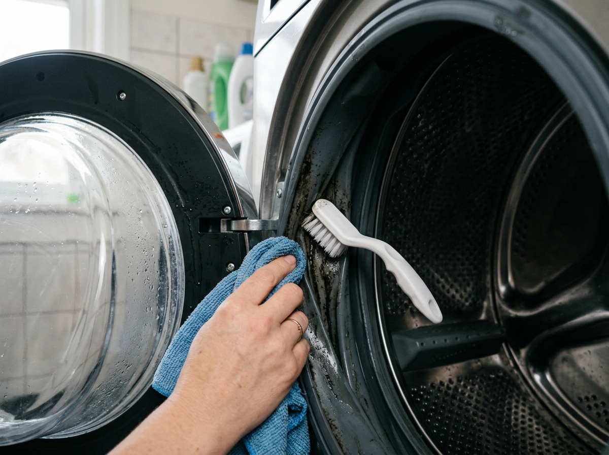 Cleaning the rubber door gasket with a soft cloth and brush
