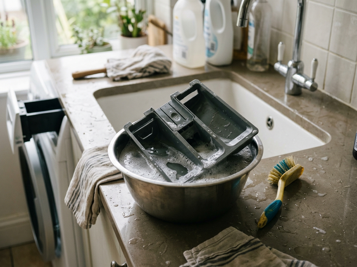 Washing the detergent drawer parts in warm soapy water