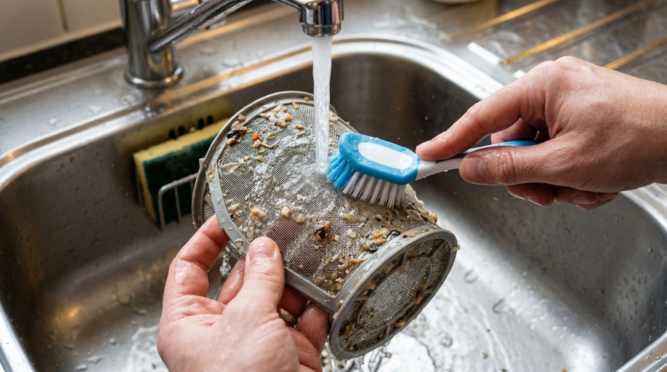 The filter is rinsed under running water and gently brushed clean.