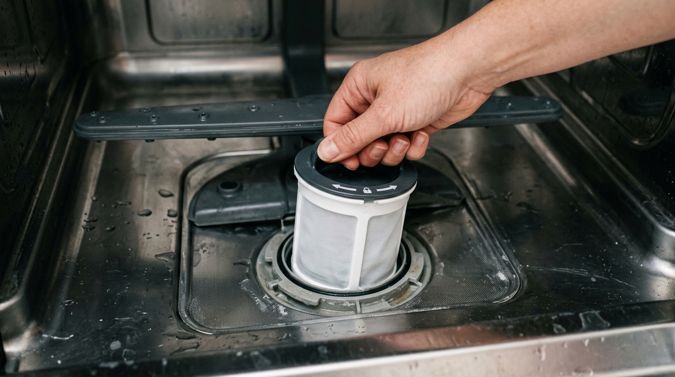 The clean filter is reinstalled and locked back into the dishwasher.