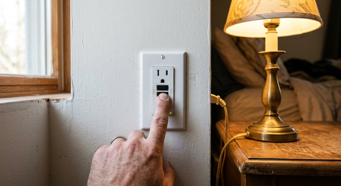 Hands pressing the TEST button on a bathroom GFCI outlet while a small lamp is plugged in nearby
