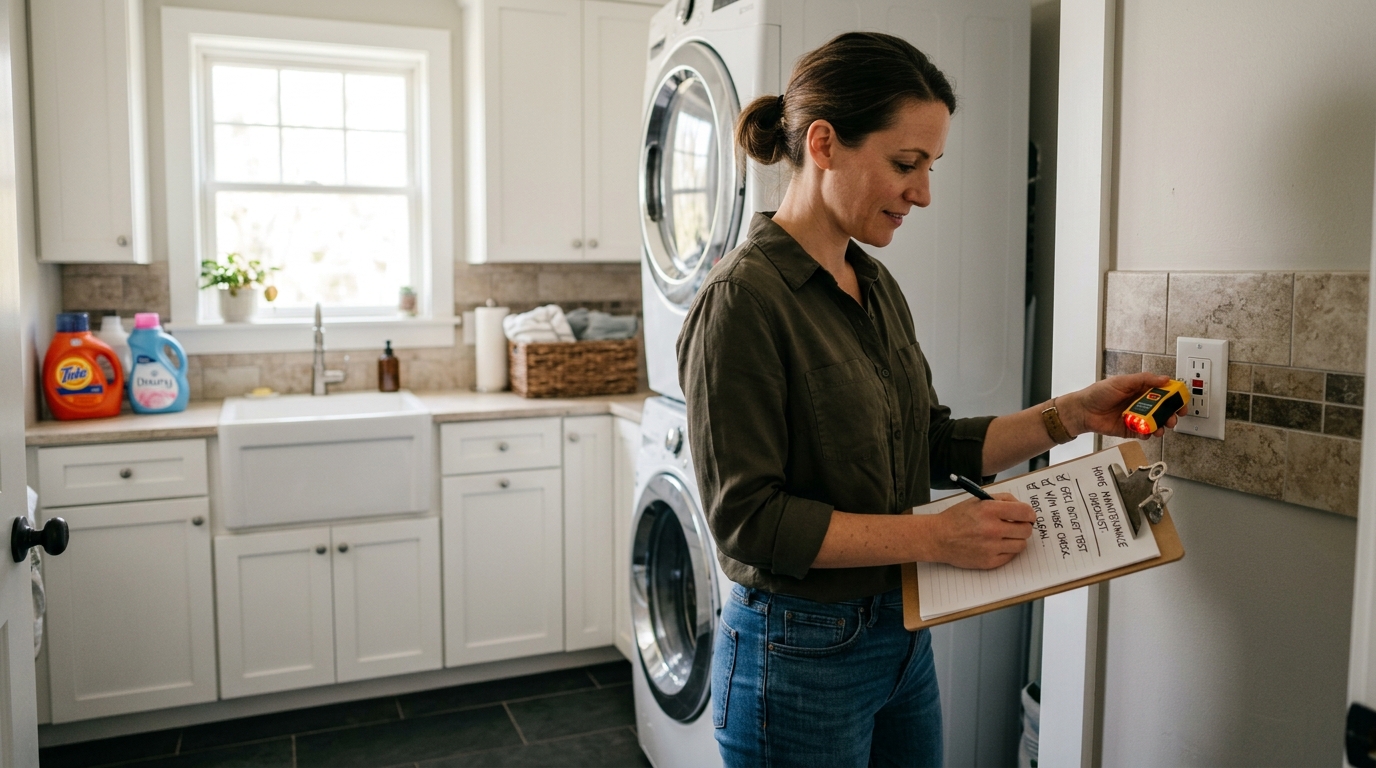 A homeowner testing a GFCI outlet in a laundry room with a plug-in tester and clipboard checklist