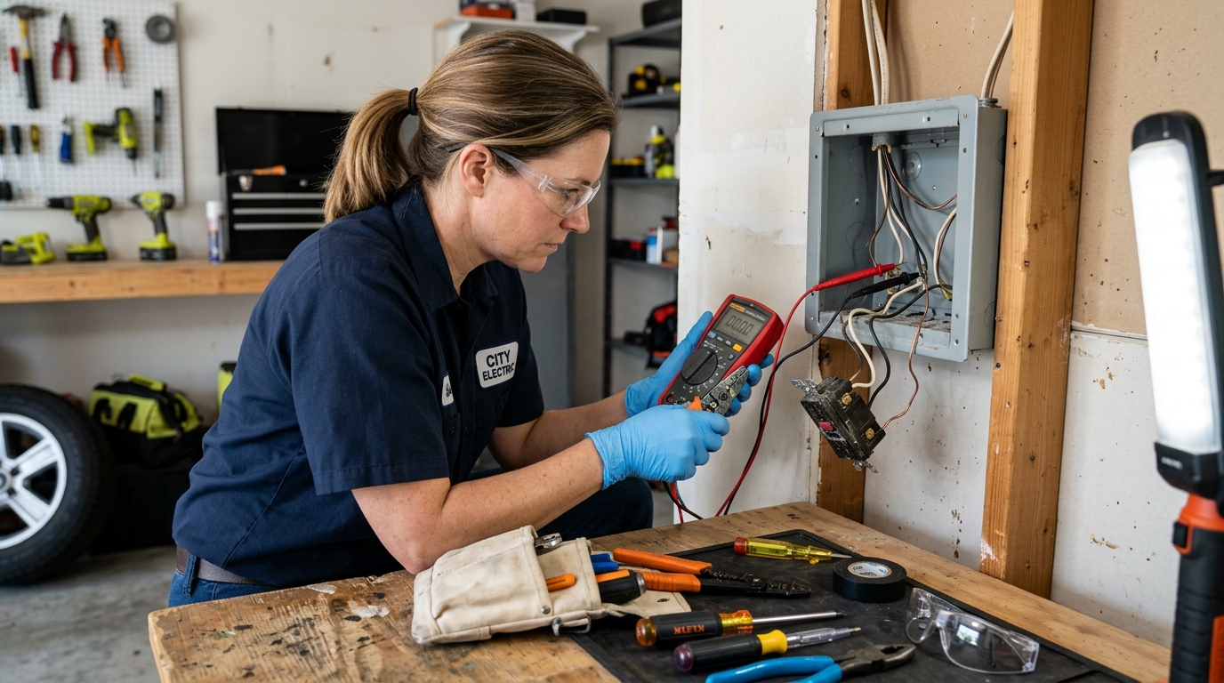 Electrician checking a failed GFCI outlet in a garage wall box with tools nearby