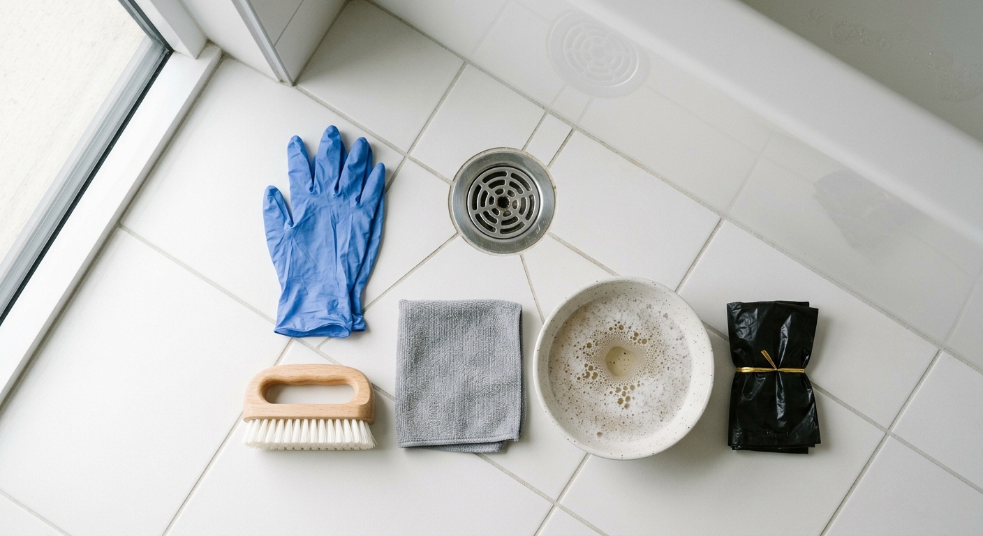 A bathroom sink setup with gloves, brush, soap, and cloth laid out for cleaning a shower drain catcher.