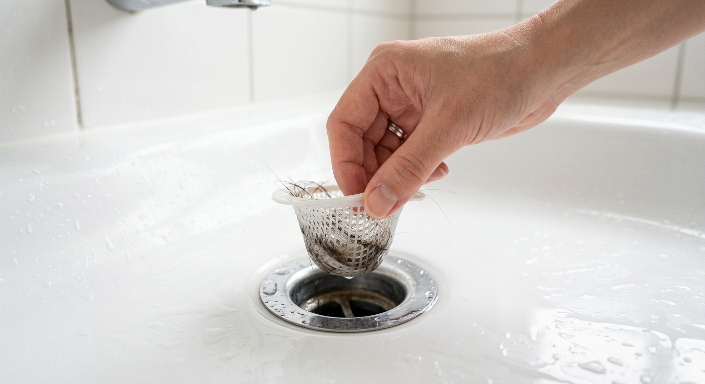 A hand removing a shower drain hair catcher from the drain opening.